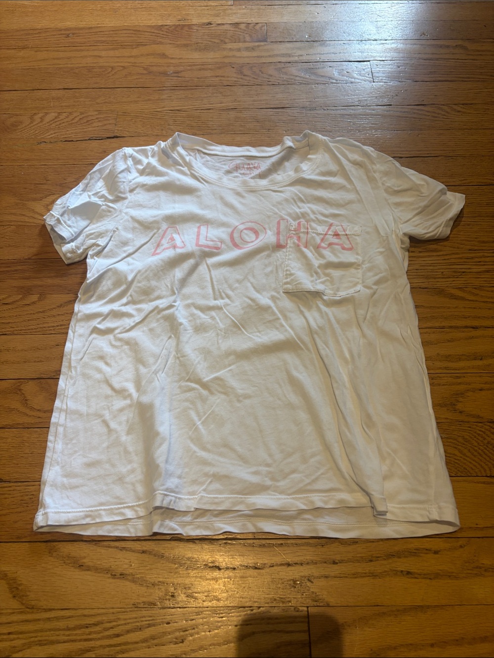 Aloha Graphic Pocket Tee - White with Pink Lettering Size Small